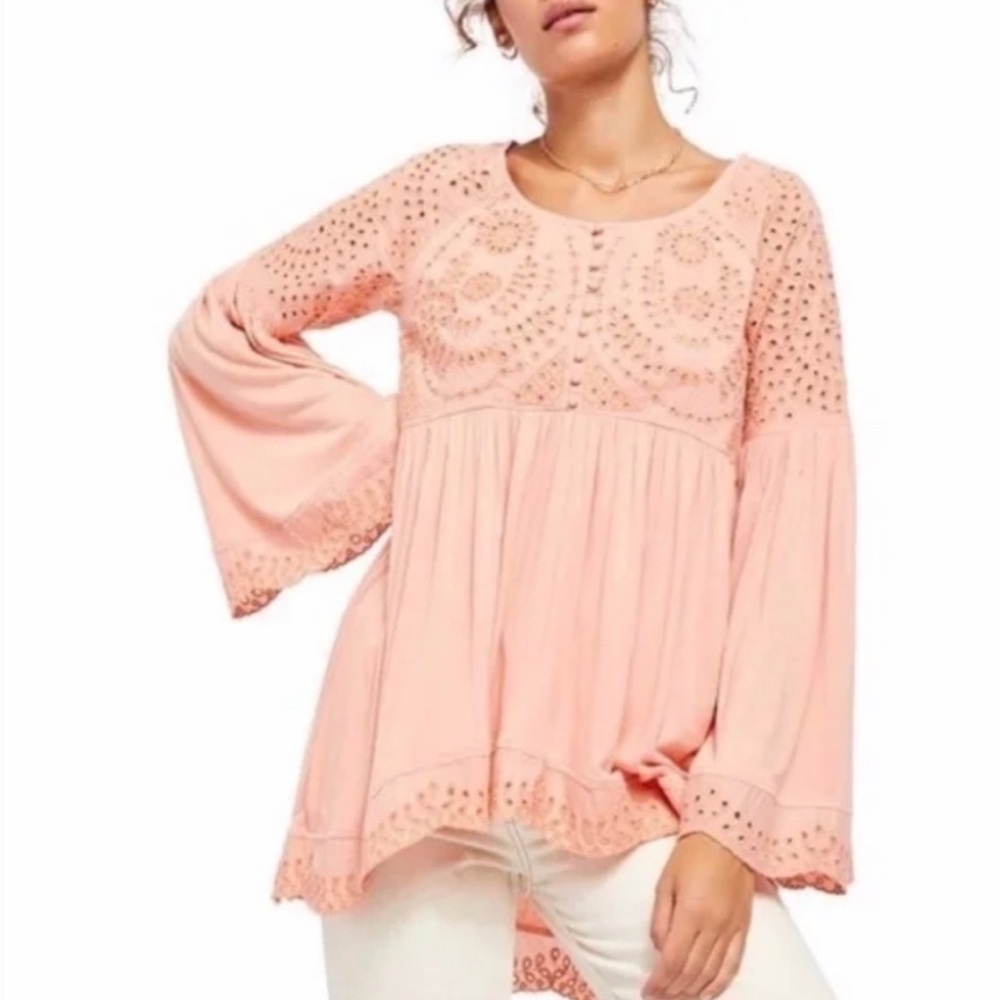 Free People peach sequin/eyelet tunic top, size XS